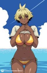 beach big_breasts bikini bikini_bottom black_hair breasts_out color colored covering_breasts dark-skinned_female dark_skin full_color large_breasts looking_at_viewer oc orange_eyes original original_character original_characters saki_(sambalteracy) sambalteracy showing_off sky swimwear tomboy two-tone_hair yellow_hair