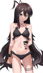 1girls ararha bikini bikini_bottom bikini_top black_hair braid breasts cellphone closed_mouth darture_(girls'_frontline_2) emotionless expressionless feet_out_of_frame female female_only girls'_frontline girls'_frontline_2:_exilium grey_eyes heterochromia holding_phone long_hair looking_at_viewer medium_breasts navel phone smartphone swimsuit yellow_eyes