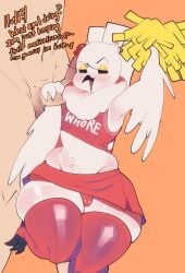 anthro avian beak bird blush bottomwear bulge cheerleader_outfit clothing crop_top duo eyeshadow feathers genitals hi_res human human_on_anthro humanoid_genitalia humanoid_penis interspecies makeup male male/male male_anthro male_human male_on_anthro male_on_human mammal meweeze miniskirt neck_tuft penis penis_grab pom_poms shirt shortstack shortstack_male skirt thick_thighs topwear tuft underwear white_body white_feathers wide_hips