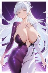 ai_generated blunt_bangs body_markings breasts_apart cameltoe cleavage collarbone colored_skin covered_navel dynamic_pose earrings exusi_ai goddess_of_victory:_nikke grey_eyes hair_bun huge_breasts jewelry large_breasts letterbox long_hair looking_at_viewer nayuta_(nikke) nayuta_(wu_wei)_(nikke) parted_lips purple_bodysuit skin_tight thigh_gap two-tone_bodysuit very_long_hair white_bodysuit white_hair