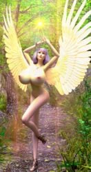 3d angel angel_wings angieangelfish dazed goddess_reah hands_above_head high_heels huge_breasts necklace purple_hair