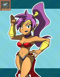 1girls blue_eyes bra breasts clothed clothes clothing female female_only kiroxiii looking_at_viewer purple_eyebrows purple_hair shantae shantae_(character) simple_background smooth_skin solo tagme