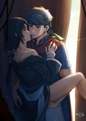 2boys after_kiss bishounen black_hair blue_eyes blue_hair facial_mark femboy fire_emblem fire_emblem:_path_of_radiance forehead_mark hand_on_another's_ass highres ike_(fire_emblem) implied_sex long_hair male/male male_focus male_only multiple_boys saliva saliva_trail short_hair soren_(fire_emblem) tongue tongue_out yaoi