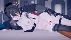 00233_zhao 1boy 1girls 3d after_orgasm after_thighjob bar_censor black_hair blush bottomless breasts censor_bar censored clothed_male_nude_female clothing commander_(girls'_frontline) cum cum_drip darture_(girls'_frontline_2) feet_out_of_frame female girls'_frontline girls'_frontline_2:_exilium gloves grey_eyes groin heavy_breathing heterochromia indoors jacket koikatsu laying_down laying_on_side long_hair lying_down lying_on_side male medium_breasts monocle naked navel nipples nude penis thigh_sex thighhighs topless yellow_eyes