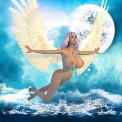 3d angel_wings angieangelfish daz3d goddess_reah huge_breasts long_legs moon ocean purple_hair