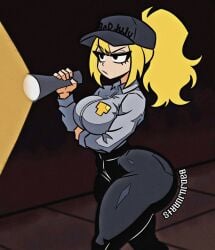 1girls ass badge badjujuarts big_ass black_eyes blonde_hair breasts cap clothed clothed_female female female_focus female_only five_nights_at_freddy's flashlight light-skinned_female light_skin ponytail security_guard serious sexy solo tagme thick thick_ass thick_thighs vanessa_(fnaf) walking