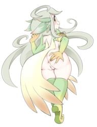 anus ass ass_grab bandlebro big_ass breasts grey_hair partially_clothed presenting_hindquarters pussy simple_background smug sylph_(mon-musu_quest!) tagme wings