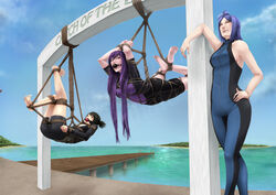 3girls ball_gag barefoot bdsm bodysuit bondage clothed clothing ecchinata feet female femdom femsub gag hogtie konan multiple_girls multiple_subs naruto naruto_shippuden realistic restrained rope rope_bondage shizune soles suspended suspension tied_up uzuki_yuugao