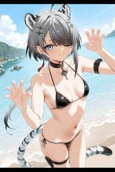 1girls ahoge ai_generated arknights arknights:_endfield bare_shoulders black_bikini black_choker black_hair blue_eyes china claw_pose collarbone dynamic_pose earrings exusi_ai eyepatch gradient_hair grey_hair jagged_hairclip letterbox long_ponytail long_sidelocks looking_at_viewer lowleg_bikini micro_bikini outdoors short_hair small_breasts smile standing tangtang_(arknights:_endfield) tiger_ears tiger_tail