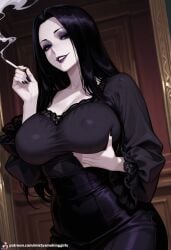 ai_generated big_breasts big_lips black_dress black_hair cigarette cigarette_in_hand cigarette_smoke goth goth_girl gothic large_breasts lifting_breasts lipstick mature mature_female morticia_addams seductive seductive_eyes seductive_look seductive_mouth sexy sexy_pose smoking smoking_cigarette smoking_fetish solo_female the_addams_family white_face