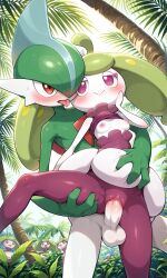 ai_generated blushing breasts cute elemental_creature erureido eyelashes female flora_fauna fruit fruit_girl gallade genitals holding_thigh humanoid leaf_hair love nintendo nipples palm_tree penis_in_pussy plant pokemon pokemon_(species) pokemon_only pokemon_sm purple_eyes red_eyes sex_from_behind steenee tropical vaginal_sex watching_sex wide_hips