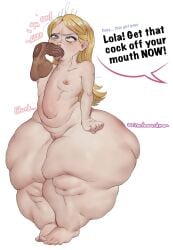 ahe_gao black_cock blonde_hair blue_eyes blush bratty deepthroat fat_thighs female flat_chest huge_bulge lipedema lola_loud makeup naked no_ai petite shaved_pussy short_female text text_bubble white_background white_tongue