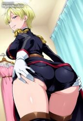 ai_generated anime anime_style ass ass_grab belt black_shorts blonde_hair blue_eyes breasts cameltoe chained_soldier clothes_hanger curtains earrings epaulettes female from_behind gloves grabbing_own_ass hentai hi_res indoors izumo_tenka jacket jewelry large_breasts looking_at_viewer looking_back mato_seihei_no_slave military military_uniform mystic_maidens patreon short_hair short_shorts shorts smile solo thighhighs uniform white_gloves