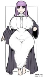 1girls barefoot big_breasts breasts dress feet female female_only fern_(sousou_no_frieren) gigantic_breasts huge_breasts jitome long_hair looking_at_viewer onaeane pubic_hair purple_eyes purple_hair solo sousou_no_frieren striped tagme very_long_hair white_dress wide_hips