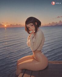 ai_generated aisinful ass beach big_ass big_breasts big_butt bikini bikini_bottom blush breasts brown_hair cloud cloudy_sky dusk female female_only hi_res horizon large_breasts medium_breasts my_hero_academia ocean ochako_uraraka orange_sky outdoors shore short_hair sitting sky soaking_feet solo sunset swimsuit thick_thighs water waves wide_hips