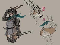 anthro antlers anus armor blush bottomless brown_fur cervine chest_tuft clothed clothing cum cum_in_mouth cum_in_nose cum_inside eyebrows facial_piercing fellatio female fur genital_piercing heart helmet horn human human_on_anthro humanoid_penis interspecies labia_piercing male mammal medieval_armour melee_weapon nipple_piercing nipples nose_piercing oral partially_clothed penis piercing pussy pussy_piercing raised_tail reccand scarf septum_piercing sex slit_visor stand_and_carry_position standing straight surprise sword tuft vaginal_penetration weapon white-tailed_deer white_fur yellow_eyes