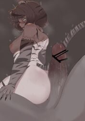 absurdres alternate_color animal_ears ass blue_eyes blush breasts brown_hair buttjob censored commentary completely_nude grey_fur grey_tail grimace heart heart-shaped_pupils hetero highres huge_penis k-yuuta1133 looking_at_penis looking_back medium_breasts monster_girl nipples nude open_mouth orc_massage penis precum short_hair simple_background solo_focus steaming_body symbol-shaped_pupils tail tiger_ears tiger_girl tiger_tail valerie_(orc_massage)