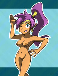 1girls ;d blue_eyes breasts female female_only kiroxiii looking_at_viewer nipples nude purple_hair pussy shantae shantae_(character) simple_background smooth_skin solo tagme