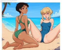 2girls lois_lane lois_lane_(my_adventures_with_superman) supergirl supergirl_(my_adventures_with_superman) my_adventures_with_superman dc dc_comics kara_zor-el badspider tomboy black_hair hair short_hair black_eyes smile looking_back beach on_knees one-piece_swimsuit swimsuit swimwear green_swimsuit ass medium_breasts breasts feet barefoot blonde_hair blue_eyes lips blue_swimwear legs_spread spreading spread_legs sand nipple_bulge female alternate_version_available speech_bubble textless textless_version