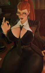 1girls 3d black_clothing black_nails blurry_background breasts breasts_bigger_than_head cleavage cleavage_cutout clothed_female clothing_request crimson_viper earrings female female_focus female_only formal_wear glasses green_eyes hi_res highres hoop_earrings huge_breasts indoors jean_grey jean_grey_(marvel_rivals) legs_together long_hair looking_at_viewer looking_over_eyewear looking_over_glasses marvel marvel_comics marvel_rivals open_mouth phoenix_(marvel_rivals) phoenix_(seat_of_spring) phoenix_(x-men) ponytail red_hair sfrinzy sitting sitting_down sitting_on_table solo solo_female tagme thick_thighs tie tie_between_breasts x-men