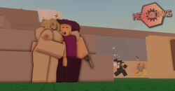 1boy 1girls 3d areolae artful_(die_of_death) artist_name background_characters balls banana_peel_(die_of_death) breasts caretaker_(die_of_death) civilian_(die_of_death) clothed die_of_death_(roblox) duo_focus handjob hexworks loveshot_(die_of_death) nipples nude penis penis_out roblox roblox_game robloxian standing tagme