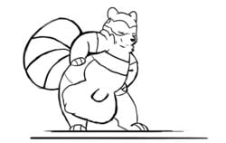 2018 animated anthro balls big_balls big_thighs canine closed_eyes cock_vore digitigrade flaccid fluffy hands_on_hips male male_pred mammal penis raster_dreams shaking shaking_butt simple_background sketch slightly_chubby tanuki thick_tail vore wide_hips