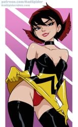 1girls medium_breasts bottomwear breasts brown_hair cleavage female female_only hair hips lips marvel marvel_comics badspider black_eyes short_hair smile solo solo_female thighs topwear wasp_(earth's_mightiest_heroes) wasp_(marvel) wide_hips neckwear choker dress_lift red_thong thong underwear detached_sleeves black_thighhighs thighhighs legwear alternate_version_available textless textless_version