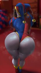 1girls absurd_res artist_name ass ass_focus blurry blurry_background breasts brown_hair from_behind hat highres huge_ass jester_girl jester_hat jester_outfit large_ass leotard multicolored_leotard oroborusart pale_skin pomni_(the_amazing_digital_circus) shoes solo steaming_body sweat the_amazing_digital_circus thighs two-tone_leotard wide_hips