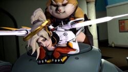 1boy 1girls 3d animated blizzard_entertainment blonde_hair blue_eyes blueberg female fur furry hammond_(overwatch) hamster human interspecies male mercy no_sound overwatch sex source_filmmaker straight video wrecking_ball