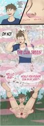 comic corruption ear_piercing flowers gape gaped_anus gay legs_in_air male miyuki_kazoo public public_nudity scent sex_pollen text text_bubble