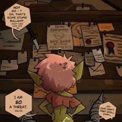 absurd_res ass biped bodily_fluids bonnytoad bottomless clothed clothing cum cum_on_butt dialogue female freckles genital_fluids goblin green_body hair hands_on_hips hi_res male male/female not_furry paper pink_hair rear_view shirt shortstack speech_bubble text topwear