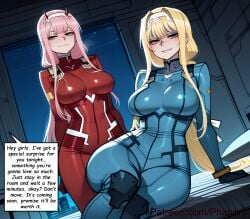 ai_generated alice_zuberg alluring anime anime_coloring anime_style anticipation bedroom bedroom_eyes blonde_hair blue_bodysuit blue_eyes blue_lighting catsuit cel_shading cinematic_lighting cleavage comic cover_page crossover darling_in_the_franxx dialogue digital_art duo english english_text eye_contact eyelashes eyeshadow fanart from_below futuristic game_character glossy_surface glowing_lights green_eyes headband heavy_eyelids high_collar high_contrast high_quality_art highres horns huge_breasts indoors inviting large_breasts latex leotard light_skin long_hair long_sleeves looking_at_viewer low_angle_shot makeup manga_style medium_shot multiple_panels neon_lighting panels perky_breasts phanary pilot_suit pink_hair playful plugsuit pointing_at_viewer red_bodysuit red_eyes red_horns red_lighting reflective_clothes sao scifi seductive shadows shiny_clothes sitting sitting_on_bed smile smiling smirking soft_shading sound_effects spaceship spandex speech_bubble standing sword_art_online teasing thick_eyelashes tight_clothes two_girls video_game_character zero_two_(darling_in_the_franxx)