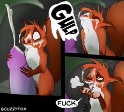 2018 absurd_res arrow_(scuzzyfox) balls claws comic cum cum_in_mouth cum_inside cum_on_face cumshot dialogue disembodied_penis duo ejaculation english_text feral hi_res inflation male mammal messy open_mouth orgasm penis red_squirrel reed_(scuzzyfox) rodent scuzzyfox semi-anthro shaded signature size_difference solo_focus squirrel teeth text tongue yaoi