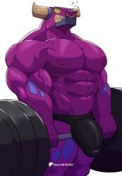 anatake anthro balls bara barazoku barbell bovid bulge bull bull_horns demon_bull_king exercise flaccid furry horns lego lego_monkie_kid male male_only muscles muscular nose_ring penis solo solo_male weightlifting wolfblack2543