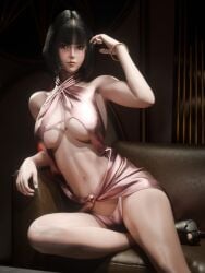 3d_render big_breasts black_hair cleavage couch dress green_eyes jane_doe_(zenless_zone_zero) milkytabbo pale_skin panties sitting voluptuous_female