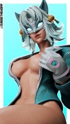 1girls 3d 3d_(artwork) ami_han blue_eyes bottomless breasts breasts_out cleavage clothed_female detailed exposed_breasts eye_contact female female_focus female_only fox_ears fox_girl gloves glowing_eyes glowing_mask hand_on_breast highres isadoethewomp jacket large_breasts looking_at_viewer marvel marvel_comics marvel_rivals mask masked_female medium_hair nipples no_pants no_shirt open_jacket painted_nails parted_lips seductive smile solo solo_female solo_focus suit thick_thighs topless white_female white_fox_(marvel) white_fox_(marvel_rivals) white_hair wide_hips