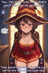 ai_assisted ai_generated angry angry_face blush breasts brown_hair caption closed_mouth comic curvy curvy_body curvy_female facing_viewer female female_focus female_only kono_subarashii_sekai_ni_shukufuku_wo! konosuba looking_at_viewer medium_breasts megumin moonwool_branch red_eyes short_hair sidelocks small_breasts solo solo_female solo_focus talking talking_to_viewer thick_ass thick_thighs thighs uncensored