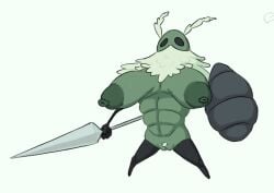 1girls antennae_(anatomy) areola areolae big_areola big_areolae big_breasts big_nipples black_eyes breasts breasts_exposed erect_nipples erected_nipples female female_only front_view green_areola green_areolae green_body green_skin helmet holding_object holding_shield holding_sword holding_weapon hollow_knight huge_areola huge_areolae huge_breasts huge_nipples moss_knight_(hollow_knight) nipples pubic_hair pussy pussy_exposed rule_63 shield simple_background solo solo_female standing sword vr457