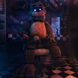1boy 1furry 3d 3d_(artwork) after_cumming after_ejaculation after_masturbation animatronic animatronic_male bear bear_animatronic bear_furry bowtie_collar cum cum_on_chair cum_on_feet cum_on_hand cum_on_legs five_nights_at_freddy's freddy_(fnaf) freddy_fazbear glasses glasses_on_face hat helpy helpy_(fnaf) male male_only seated seductive seductive_look semen semen_on_feet semen_on_hair semen_on_hand semen_on_legs solo solo_male steelvile