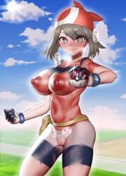 @_@ absurdres bad_source bandana belt blush bodypaint breasts cleft_of_venus closed_mouth completely_nude cowboy_shot day female grey_eyes grey_hair highres holding holding_poke_ball large_breasts looking_at_viewer may_(pokemon) naked_paint nipples nude outdoors painted_clothes poke_ball poke_ball_(basic) pokemon pokemon_rse pussy red_bandana smile solo third-party_source yesman_(cvbnyesman)
