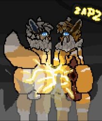 ampe_(lewdifiedampe) anthro anus ass_to_ass backsack balls balls_outline big_butt bulge butt butt_focus detailed_bulge digital_media_(artwork) duo eeveelution electricity elemental_manipulation fog generation_1_pokemon genital_outline genitals glowing glowing_eyes huge_butt jolteon lightifiedampe looking_at_viewer looking_back male male/male markings neon_lights nintendo piercing pixel_(artwork) pokemon pokemon_(species) presenting presenting_hindquarters puffy_anus raised_tail ravi_(ravieel) rear_view shadow_face sparks static tail tail_tuft tuft