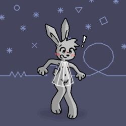 1:1 2026 abstract_background aliasing anthro barefoot big_eyes big_head biped black_nose blush blush_lines clothed clothing digital_media_(artwork) dress embarrassed exclamation_point exposed feet female flat_chested fur genitals grey_body grey_fur head_tuft hi_res ineffective_clothing knock-kneed lagomorph leporid long_ears looking_at_self looking_down mammal navel nipples no_underwear on_one_leg open_mouth outside paws pixel_vibri rabbit raised_arms scut_tail shaded short_tail simple_background sky solo standing star surprised tail three-quarter_view translucent translucent_clothing tuft vib-ribbon vibri vulva wardrobe_malfunction wireframe worried_look