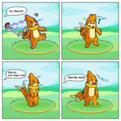 1:1 2026 2_tails 3_toes 4_panel_comic absurd_res aliasing black_nose blue_fins bodily_fluids breath buizel closed_eyes countershade_face countershade_fur countershade_torso countershading desperation dialogue digital_media_(artwork) digitigrade dipstick_tail dizzy drooling emanata english_text exclamation_point eyebrows fangs featureless_chest feet female fin flat_chested flotation_device fur generation_4_pokemon genital_fluids genitals grass happy hi_res holding_crotch humor incontinence knock-kneed leaking_urine looking_at_self looking_down markings multi_tail nintendo nude offscreen_character omorashi on_one_leg onomatopoeia open_mouth orange_body orange_fur outside pawpads paws peeing peeing_on_ground pixel_vibri plant pokeball pokemon pokemon_(species) pokemon_battle pokemon_speak potty_dance raised_arm raised_eyebrows raised_tail relieved saliva semi-anthro short_legs sky solo sound_effects speech_bubble spiral spiral_eyes squiggle_mouth standard_pokeball standing surprised sweat sweatdrop tail tail_markings tan_body tan_countershading teeth text three-quarter_view toes urine urine_drip urine_on_ground urine_stream using_pokeball vulva watersports whisker_markings wide_eyed