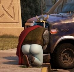 1boy 2026 3d accurate_art_style ai_assisted ai_generated alternate_costume ass back_view barley_lightfoot big_ass big_breasts blue_hair chubby disney draal_the_deadly edit elf elf_ears gay grok kneeling male male_only official_alternate_costume onward_(2020) pixar repairing screencap solo van vehicle viking_helmet yaoi