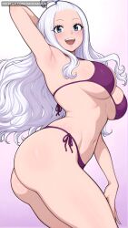 :d ahoge ai_generated arm_behind_head arm_up armpits ass bikini blue_eyes blush breasts dandanhub fairy_tail female female_only gradient gradient_background large_breasts long_hair looking_at_viewer mirajane_strauss navel open_mouth patreon_username purple_bikini side-tie_bikini_bottom smile solo swimsuit thighs underboob upper_teeth_only web_address white_hair