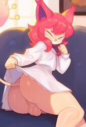 ai_generated anthro ass backsack balls big_butt blush bottomless closed_eyes clothed clothing clothing_lift digital_media_(artwork) felid fur furniture generation_3_pokemon genitals girly hair inside male mammal nintendo penis pink_hair pokemon pokemon_(species) presenting presenting_balls presenting_hindquarters shaded skitty smile solo twinkaton