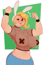 1girls abs adventure_time big_breasts blonde_hair breasts casual cleavage dabble female female_only fionna_the_human_girl fishnets headwear human large_breasts looking_at_viewer mesh_shirt muscles muscular muscular_female pale_skin pasties solo taped_nipples tongue tongue_out wristwear