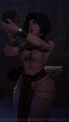 1girls 3d 3d_(artwork) absurd_res absurd_resolution absurdres accessory bare_shoulders black_hair black_nail_polish black_nails blue_eyes bracelet bracelets breasts chains curvaceous curvy curvy_female curvy_figure dark_background darkmoonfoxs egyptian egyptian_clothes egyptian_female female female_focus female_only hi-rez_studios hi_res high_resolution highres jewelry light-skinned_female light_skin loincloth maeve_(paladins) medium_breasts muscular muscular_female nail_polish nipples painted_nails paladins short_hair solo solo_female solo_focus tagme thick_thighs thighs toned toned_body toned_female voluptuous voluptuous_female