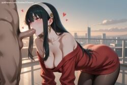 1boy 1girl ai_generated bangs bare_shoulders bent_over black_hair black_legwear blush breasts choker cleavage clothed_female_nude_male dress earrings erection fellatio hairband heart hetero hi_res high_quality high_resolution indoors jewelry leaning_forward long_hair nipples nude off-shoulder_sweater off_shoulder oral patreon penis red_eyes seductive sexy solo_focus spy_x_family sweater taihou_(azur_lane) testicles uncensored watermark yor_forger