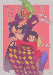 2girls bartolomeo big_breasts bikini bikini_top black_hair blush chest_tattoo cleavage coat embarrassed facial_tattoo female female_only fur_collar fur_trim genderswap_(mtf) green_hair grin huge_breasts luffyko mohawk monkey_d_luffy nose_piercing nose_ring one_piece pollolloi red_eyes rule_63 septum_piercing septum_ring sharp_teeth short_hair smile tattoo tears yuri